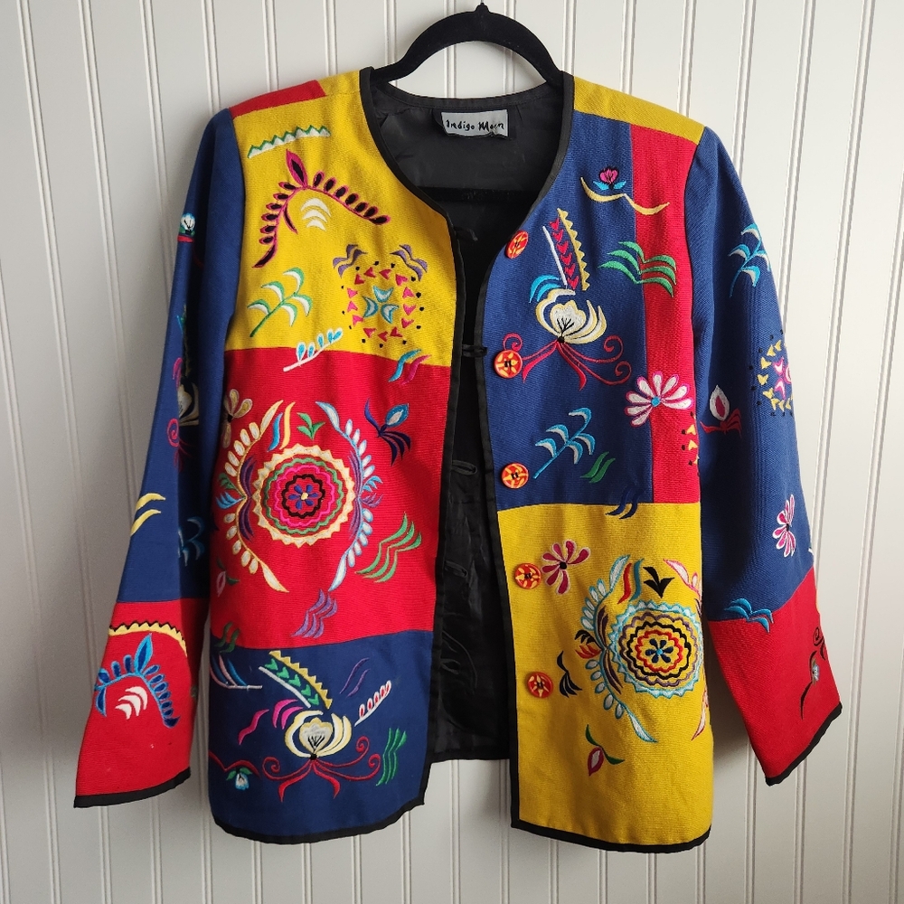 INDIGO MOON Colorful Artsy Lagenlook Embroidered Button Front Sweater Large